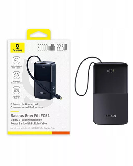 BASEUS 20000 mAh 22.5W nešiojamas įkroviklis su USB-C laidu BIPOW PRO