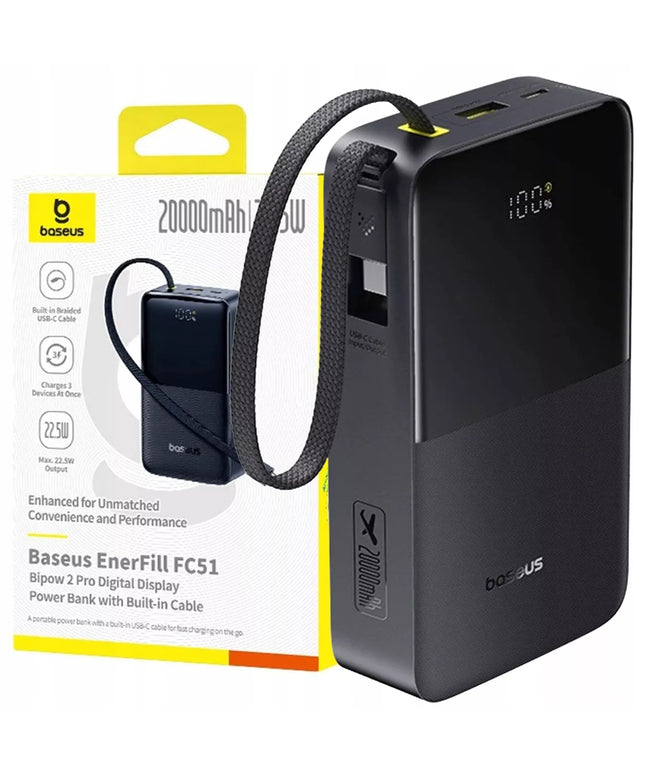 BASEUS 20000 mAh 22.5W nešiojamas įkroviklis su USB-C laidu BIPOW PRO