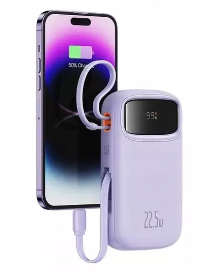 BASEUS išorinė baterija 20000 mAh 22.5W USB-C USB-A su įmontuotais USB-C ir Lightning kabeliais