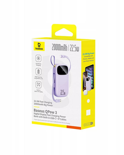 BASEUS išorinė baterija 20000 mAh 22.5W USB-C USB-A su įmontuotais USB-C ir Lightning kabeliais