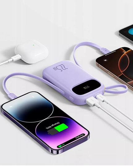 BASEUS išorinė baterija 20000 mAh 22.5W USB-C USB-A su įmontuotais USB-C ir Lightning kabeliais