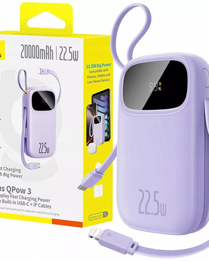 BASEUS išorinė baterija 20000 mAh 22.5W USB-C USB-A su įmontuotais USB-C ir Lightning kabeliais