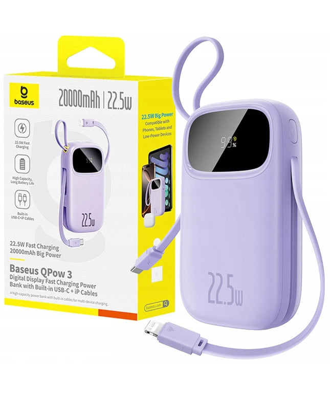 BASEUS išorinė baterija 20000 mAh 22.5W USB-C USB-A su įmontuotais USB-C ir Lightning kabeliais