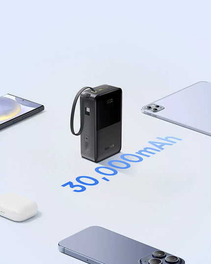 BASEUS išorinė baterija 30000 mAh 22.5W greitas įkrovimas USB-A USB-C + USB-C laidas