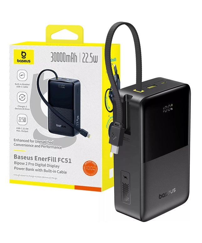 BASEUS išorinė baterija 30000 mAh 22.5W greitas įkrovimas USB-A USB-C + USB-C laidas