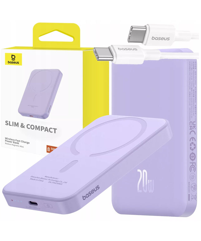 BASEUS INDUKCINIS IŠORINIS BATERIJŲ ĮKROVIKLIS 5000mAh 20W GREITAS MAGSAFE + LAIDAS LĖKTUVAMS