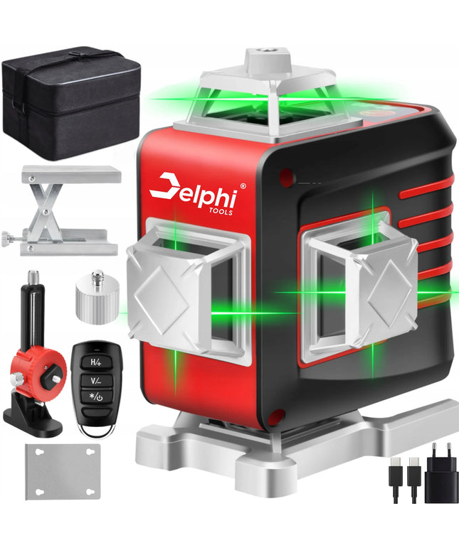 360° lazerinis gulsčiukas, kryžminis lazeris, savaime išsilyginantis, 16 linijų, 4D, žalias