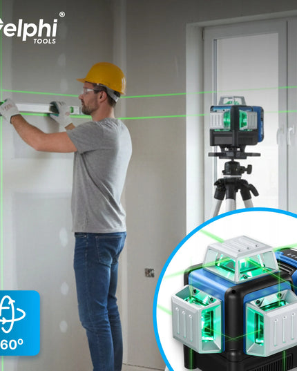 Delphi tools PRO lazerinis nivelyras 360° 4D žalias 16 linijų su stovu ir 2 akumuliatoriais