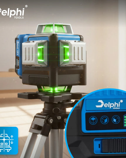 Delphi tools PRO lazerinis nivelyras 360° 4D žalias 16 linijų su stovu ir 2 akumuliatoriais