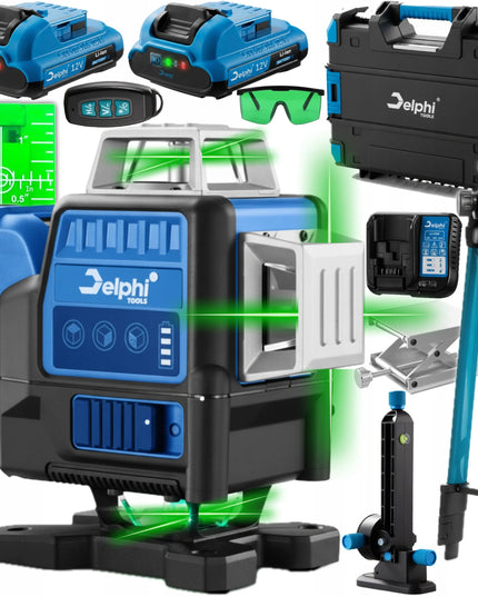 Delphi tools PRO lazerinis nivelyras 360° 4D žalias 16 linijų su stovu ir 2 akumuliatoriais