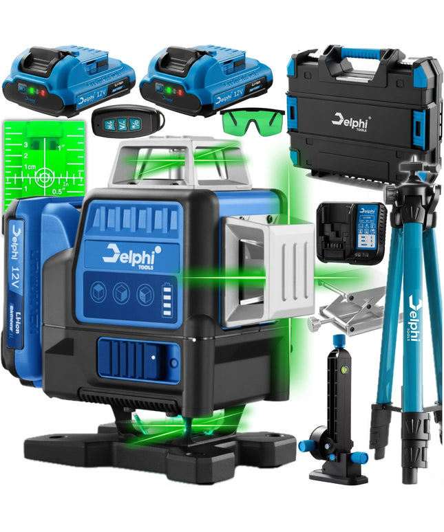 Delphi tools PRO lazerinis nivelyras 360° 4D žalias 16 linijų su stovu ir 2 akumuliatoriais