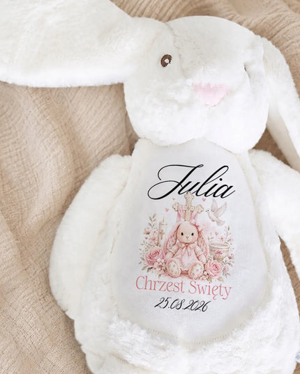Personalizuotas baltas pliušinis triušiukas Funandstyle, 23 cm – dovana krikštynoms ar gimtadieniui