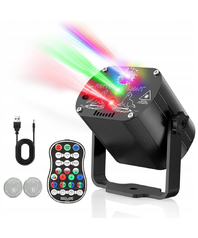 Spalvotas lazerinis diskotekos rutulys su nuotolinio valdymo pulteliu ir 2 baterijomis