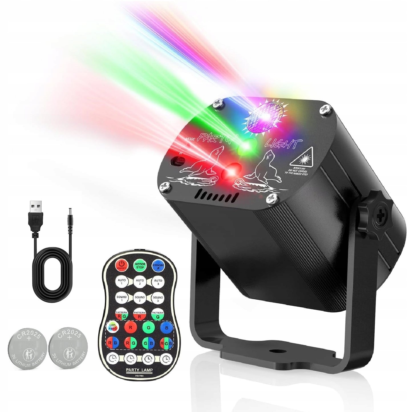 Spalvotas lazerinis diskotekos rutulys su nuotolinio valdymo pulteliu ir 2 baterijomis