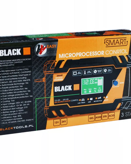 Automatinis automobilinis akumuliatorių įkroviklis „Black“ 12 V / 24 V, 8 A, su atkūrimo funkcija