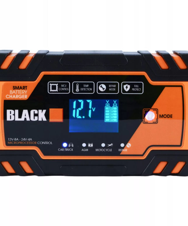 Automatinis automobilinis akumuliatorių įkroviklis „Black“ 12 V / 24 V, 8 A, su atkūrimo funkcija