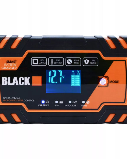 Automatinis automobilinis akumuliatorių įkroviklis „Black“ 12 V / 24 V, 8 A, su atkūrimo funkcija
