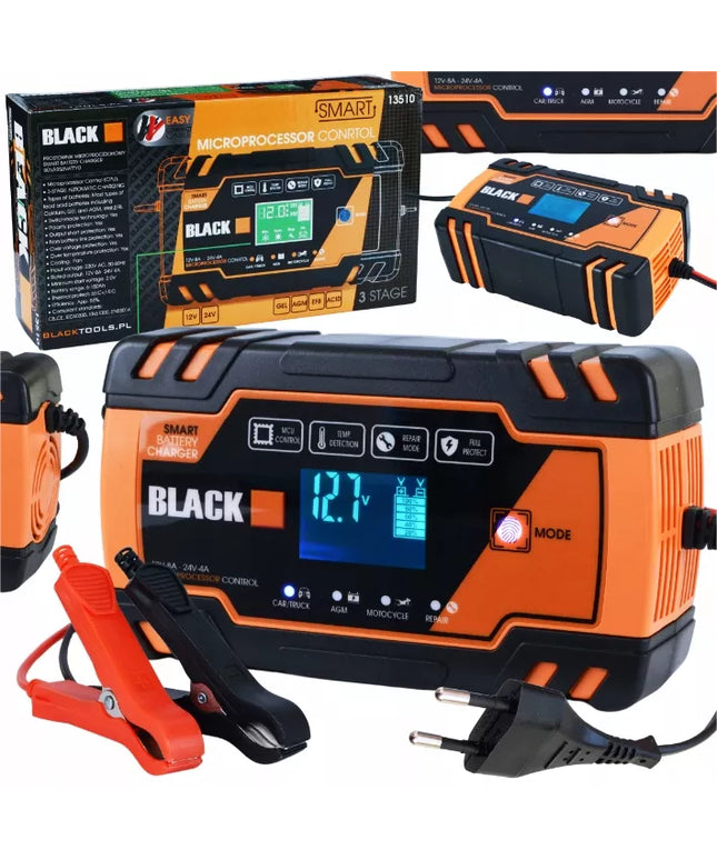 Automatinis automobilinis akumuliatorių įkroviklis „Black“ 12 V / 24 V, 8 A, su atkūrimo funkcija
