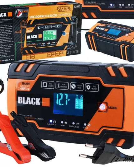 Automatinis automobilinis akumuliatorių įkroviklis „Black“ 12 V / 24 V, 8 A, su atkūrimo funkcija