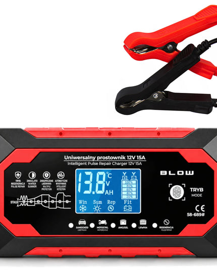 BLOW 12 V 15 A akumuliatorių įkroviklis automobiliams, LiFePO4, su regeneravimo funkcija