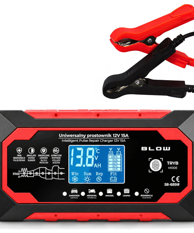 BLOW 12 V 15 A akumuliatorių įkroviklis automobiliams, LiFePO4, su regeneravimo funkcija