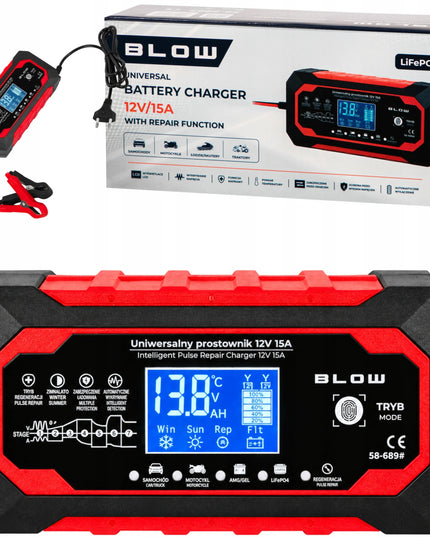 BLOW 12 V 15 A akumuliatorių įkroviklis automobiliams, LiFePO4, su regeneravimo funkcija