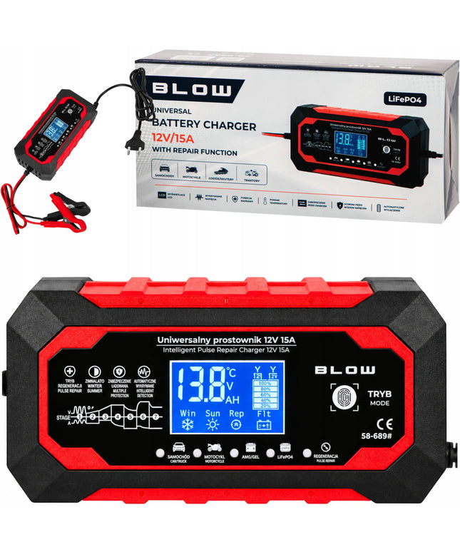 BLOW 12 V 15 A akumuliatorių įkroviklis automobiliams, LiFePO4, su regeneravimo funkcija