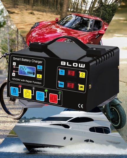 Automatinis BLOW automobilio akumuliatorių įkroviklis su regeneravimo funkcija, 12 V / 24 V