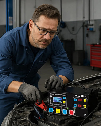 Automatinis BLOW automobilio akumuliatorių įkroviklis su regeneravimo funkcija, 12 V / 24 V