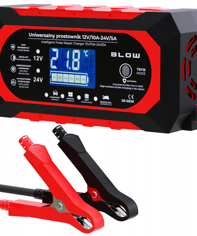 Automatinis automobilio akumuliatorių įkroviklis BLOW 12 V / 24 V, 10 A, su remonto funkcija ir LCD ekranu
