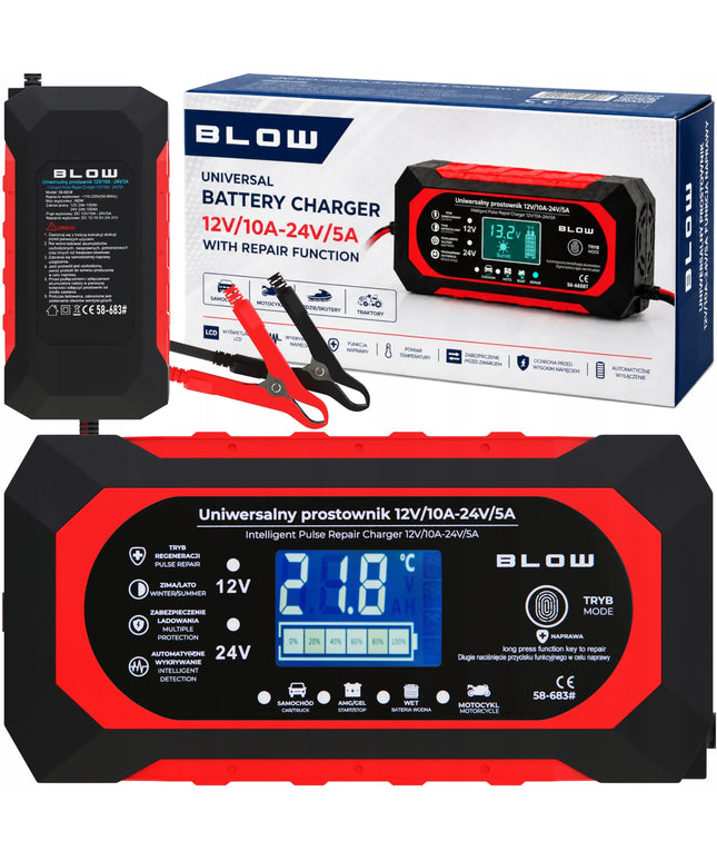 Automatinis automobilio akumuliatorių įkroviklis BLOW 12 V / 24 V, 10 A, su remonto funkcija ir LCD ekranu