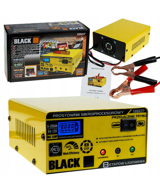 „Black“ mikroprocesorinis 6 V / 12 V akumuliatorių įkroviklis, iki 15 A