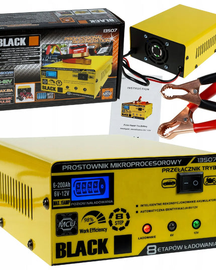 „Black“ mikroprocesorinis 6 V / 12 V akumuliatorių įkroviklis, iki 15 A