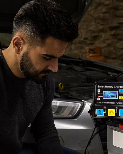 Automatinis automobilinis akumuliatoriaus įkroviklis su akumuliatorių atnaujinimo funkcija 12V 24V