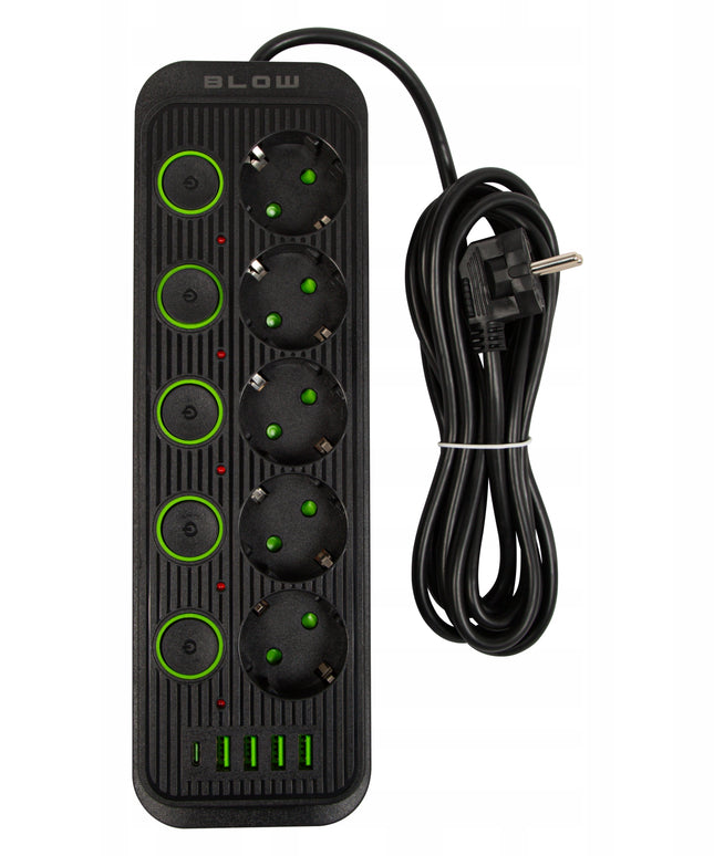 Prailginimo laidas su 4x USB, 5 lizdais, 3m, USB C tipo įkrovikliu, juodas maitinimo prailginimo laidas