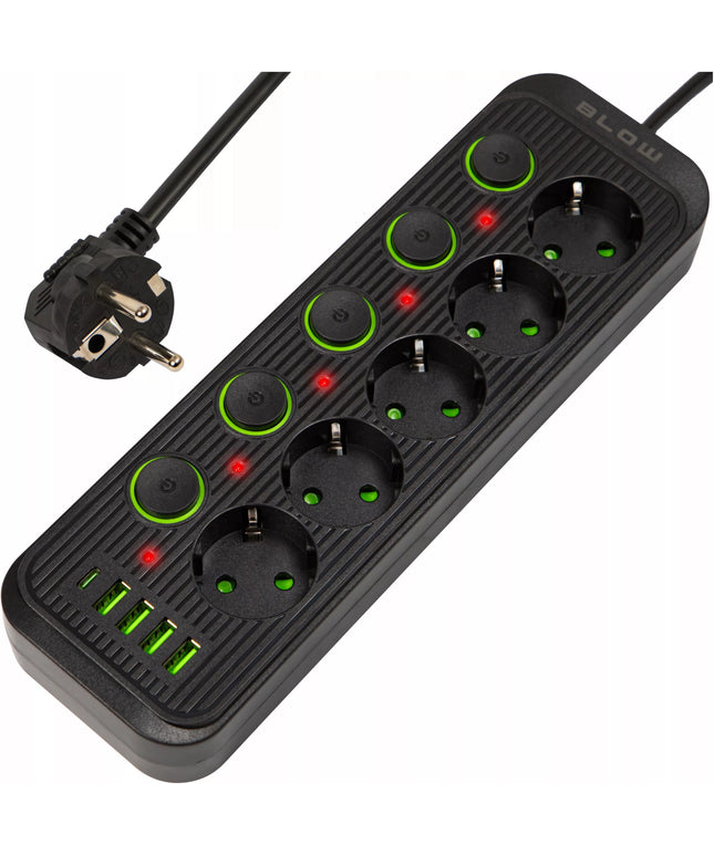 Prailginimo laidas su 4x USB, 5 lizdais, 3m, USB C tipo įkrovikliu, juodas maitinimo prailginimo laidas