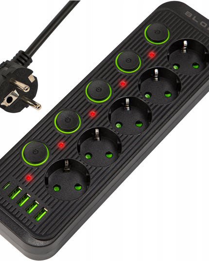 Prailginimo laidas su 4x USB, 5 lizdais, 3m, USB C tipo įkrovikliu, juodas maitinimo prailginimo laidas