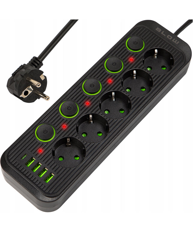 Prailginimo laidas su 4x USB, 5 lizdais, 3m, USB C tipo įkrovikliu, juodas maitinimo prailginimo laidas