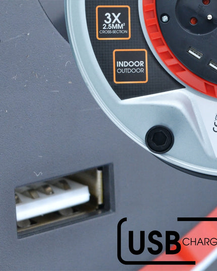 Metalinis būgninis prailgintuvas 25m 4 lizdai + 2x USB 3x2,5 kabelis BLACK WEEKEND ONLY