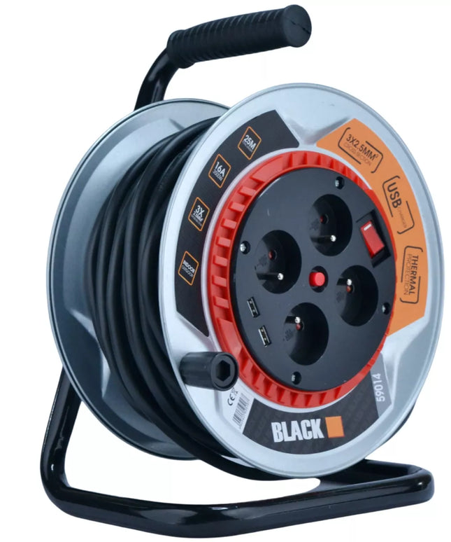 Metalinis būgninis prailgintuvas 25m 4 lizdai + 2x USB 3x2,5 kabelis BLACK WEEKEND ONLY