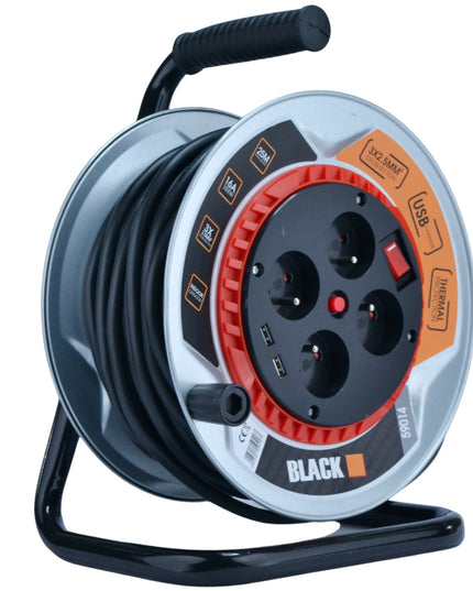 Metalinis būgninis prailgintuvas 25m 4 lizdai + 2x USB 3x2,5 kabelis BLACK WEEKEND ONLY