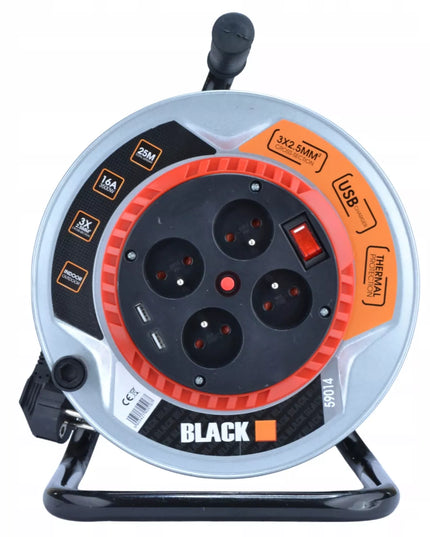 Metalinis būgninis prailgintuvas 25m 4 lizdai + 2x USB 3x2,5 kabelis BLACK WEEKEND ONLY