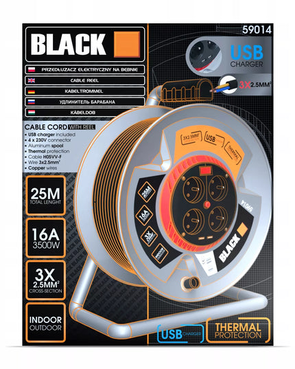 Metalinis būgninis prailgintuvas 25m 4 lizdai + 2x USB 3x2,5 kabelis BLACK WEEKEND ONLY