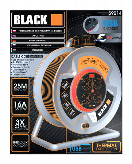 Metalinis būgninis prailgintuvas 25m 4 lizdai + 2x USB 3x2,5 kabelis BLACK WEEKEND ONLY