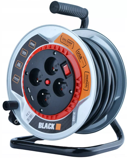 Metalinis būgninis prailgintuvas 25m 4 lizdai + 2x USB 3x2,5 kabelis BLACK WEEKEND ONLY