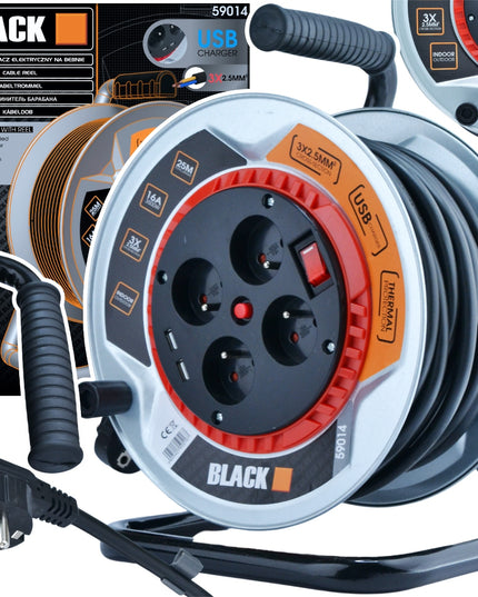 Metalinis būgninis prailgintuvas 25m 4 lizdai + 2x USB 3x2,5 kabelis BLACK WEEKEND ONLY