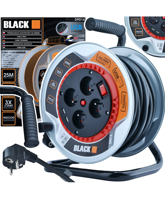 Metalinis būgninis prailgintuvas 25m 4 lizdai + 2x USB 3x2,5 kabelis BLACK WEEKEND ONLY