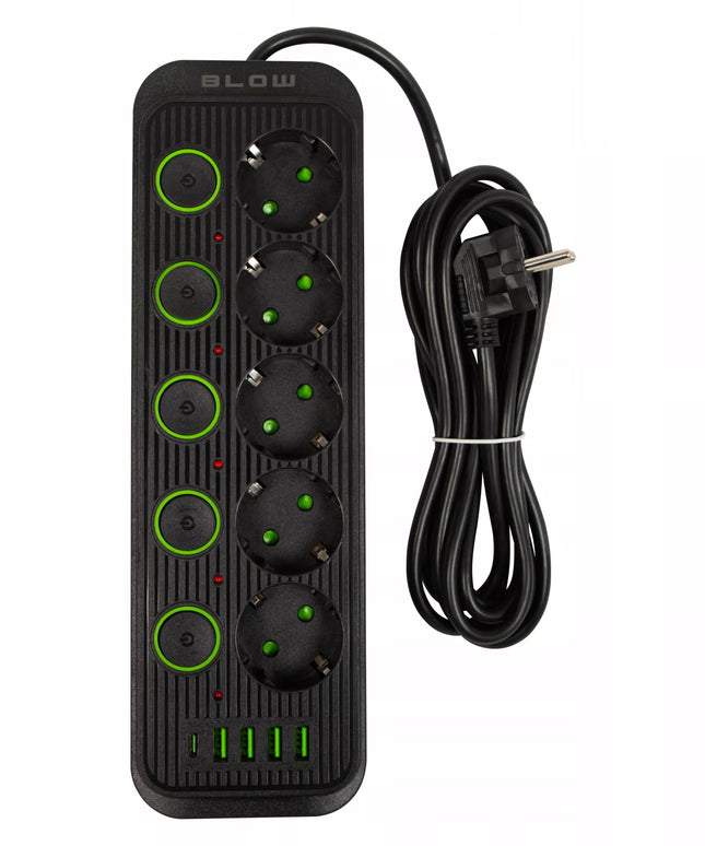 Elektros prailginimo laidas su 5 lizdais, 4 USB jungtimis, 3m ilgio, C tipo USB įkroviklis, juodas