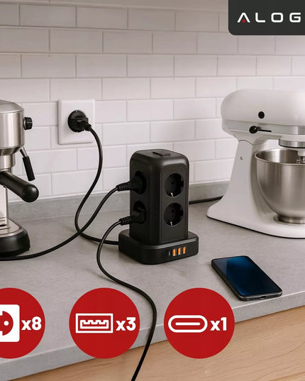 Maitinimo juosta su 8 lizdais AC EU, 3x USB + USB-C, 2500W