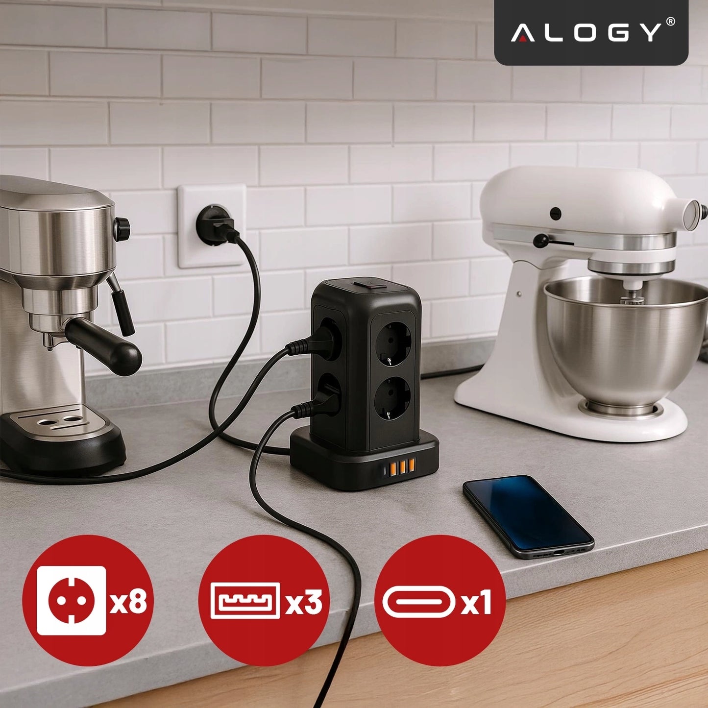 Maitinimo juosta su 8 lizdais AC EU, 3x USB + USB-C, 2500W